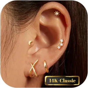 FUNRUN JEWELRY Small Gold Stud Hoop Earrings for Women-5Pairs Hypoallergenic 14K Gold Plated Flat Back Earrings Sets for Multiple Piercing Dainty Earring Stacks Cute Sterling Silver Cartilage Jewelry