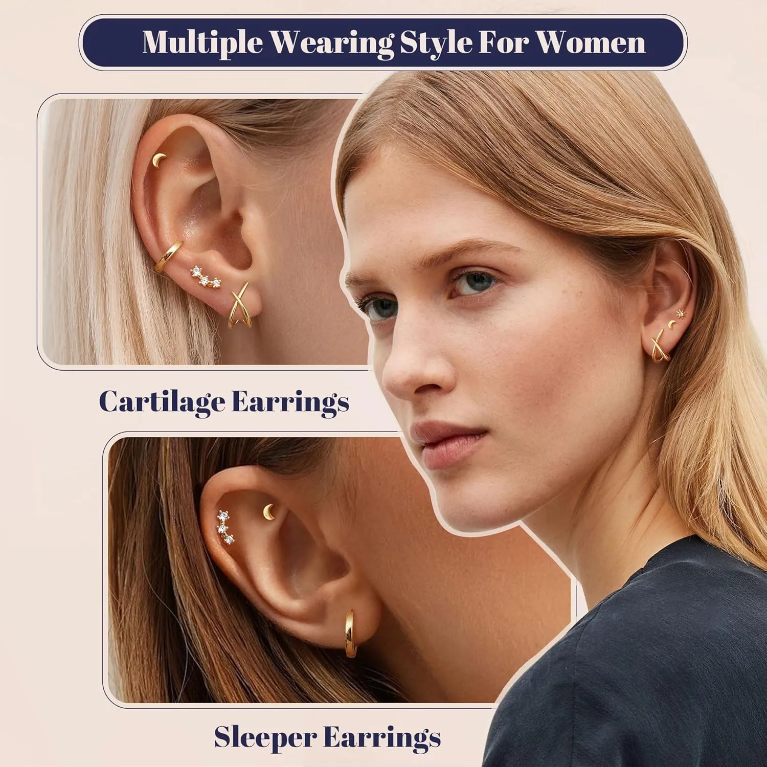 FUNRUN JEWELRY Small Gold Stud Hoop Earrings for Women-5Pairs Hypoallergenic 14K Gold Plated Flat Back Earrings Sets for Multiple Piercing Dainty Earring Stacks Cute Sterling Silver Cartilage Jewelry