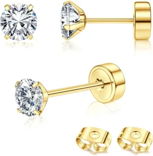G23 Titanium Hypoallergenic Earrings for Women Men Threadless Flat Back Earrings Gold Silver Earrings Studs Flatback Tiny 2mm/3mm/4mm CZ Ball Dot Cartilage Earring Tragus Helix Piercing Jewelry
