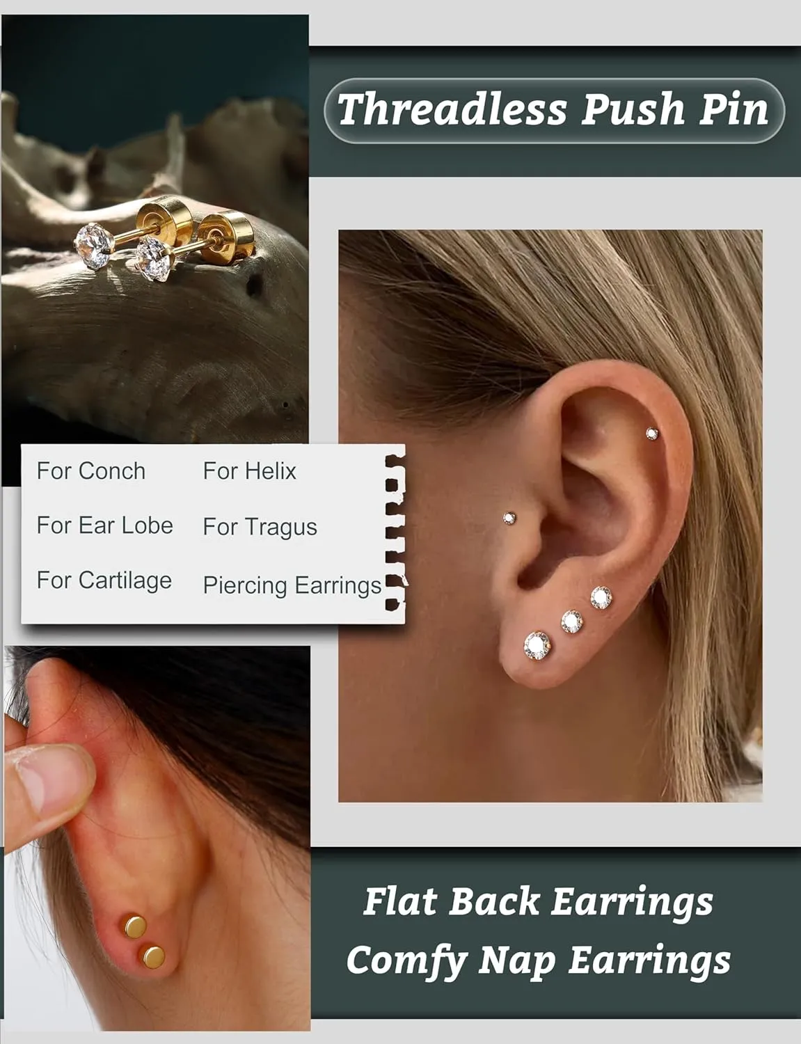 G23 Titanium Hypoallergenic Earrings for Women Men Threadless Flat Back Earrings Gold Silver Earrings Studs Flatback Tiny 2mm/3mm/4mm CZ Ball Dot Cartilage Earring Tragus Helix Piercing Jewelry