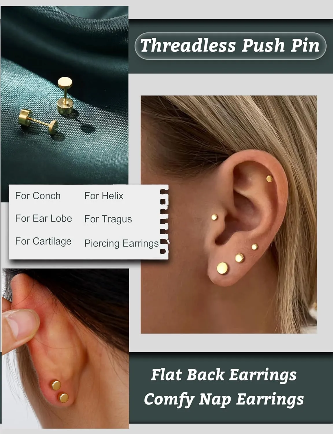 G23 Titanium Hypoallergenic Earrings for Women Men Threadless Flat Back Earrings Gold Silver Earrings Studs Flatback Tiny 2mm/3mm/4mm CZ Ball Dot Cartilage Earring Tragus Helix Piercing Jewelry