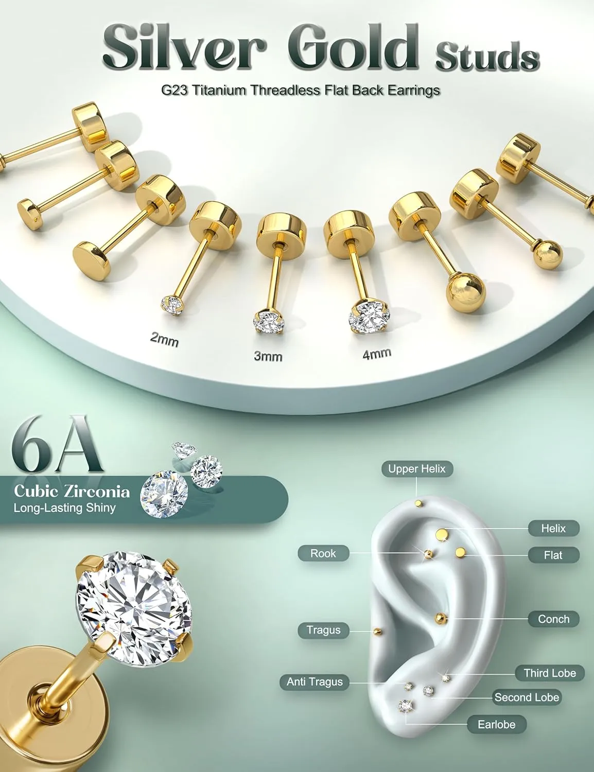 G23 Titanium Hypoallergenic Earrings for Women Men Threadless Flat Back Earrings Gold Silver Earrings Studs Flatback Tiny 2mm/3mm/4mm CZ Ball Dot Cartilage Earring Tragus Helix Piercing Jewelry
