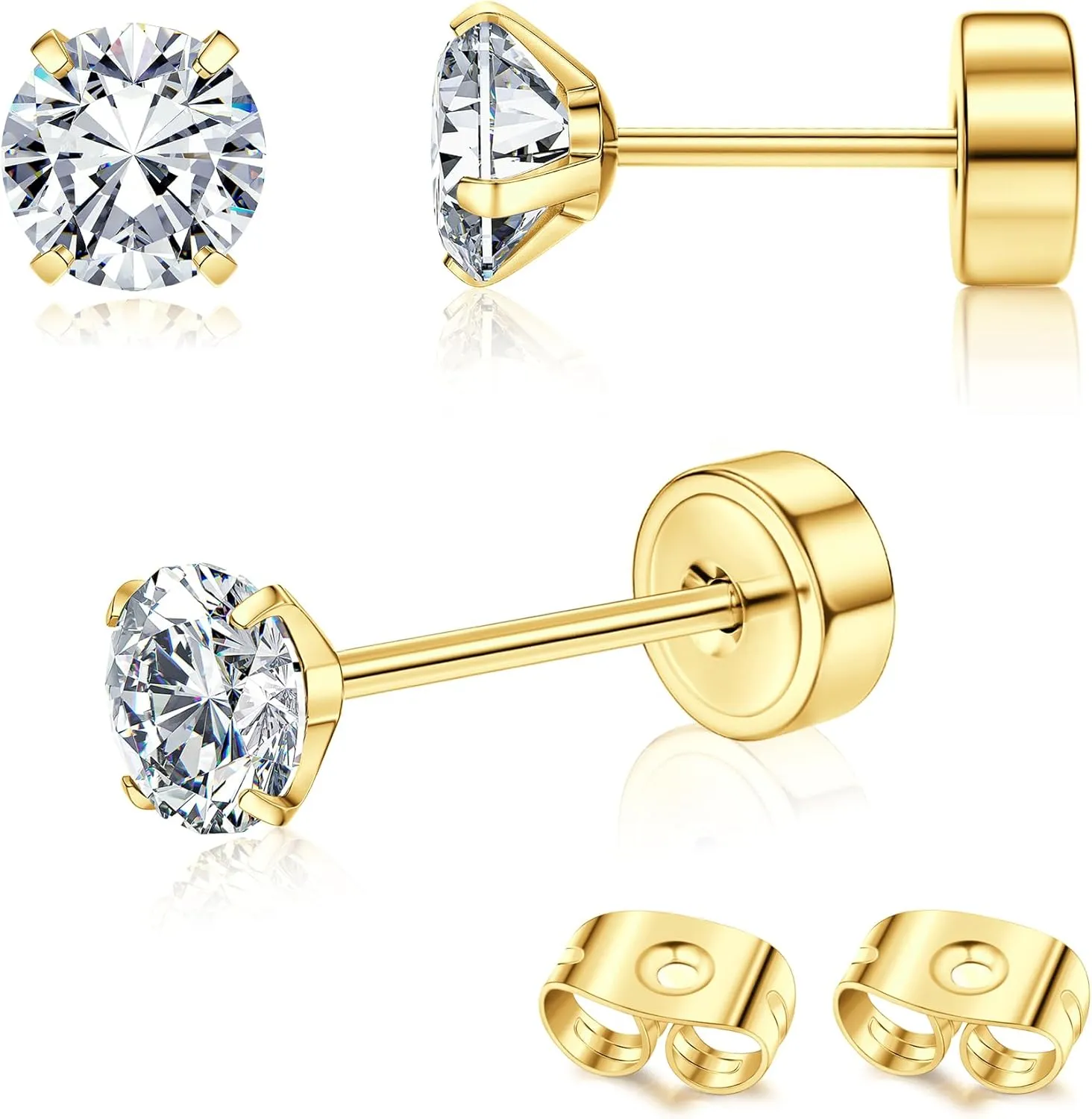 G23 Titanium Hypoallergenic Earrings for Women Men Threadless Flat Back Earrings Gold Silver Earrings Studs Flatback Tiny 2mm/3mm/4mm CZ Ball Dot Cartilage Earring Tragus Helix Piercing Jewelry