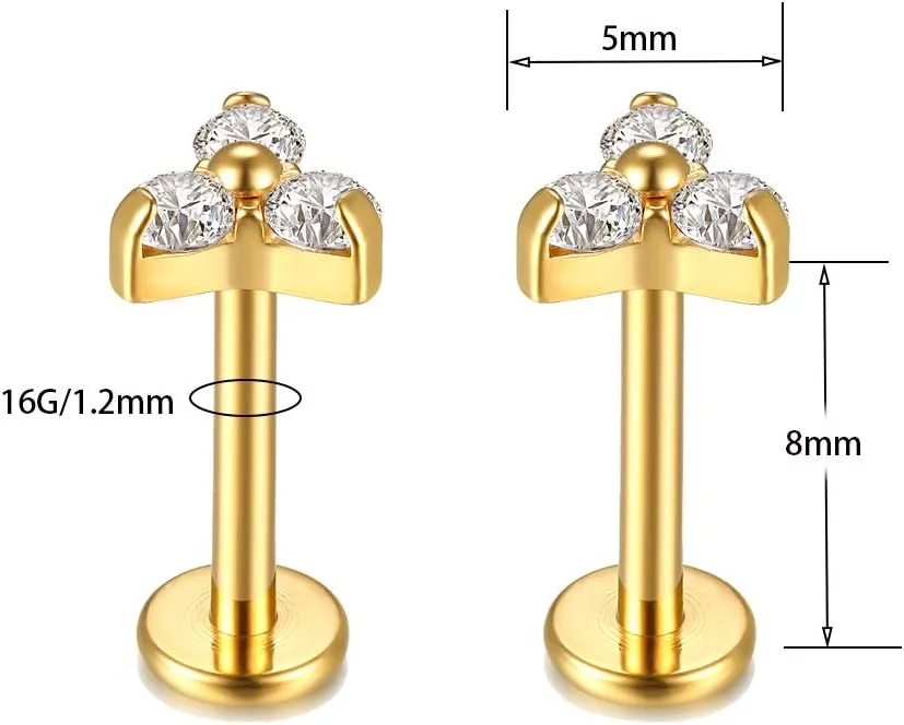 G23 Titanium Labret Studs 16G Lip Studs Earring Piercing Internally Threaded CZ Top Labret Monroe Helix Cartilage Tragus Piercing Studs