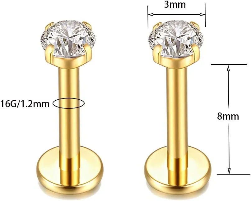 G23 Titanium Labret Studs 16G Lip Studs Earring Piercing Internally Threaded CZ Top Labret Monroe Helix Cartilage Tragus Piercing Studs