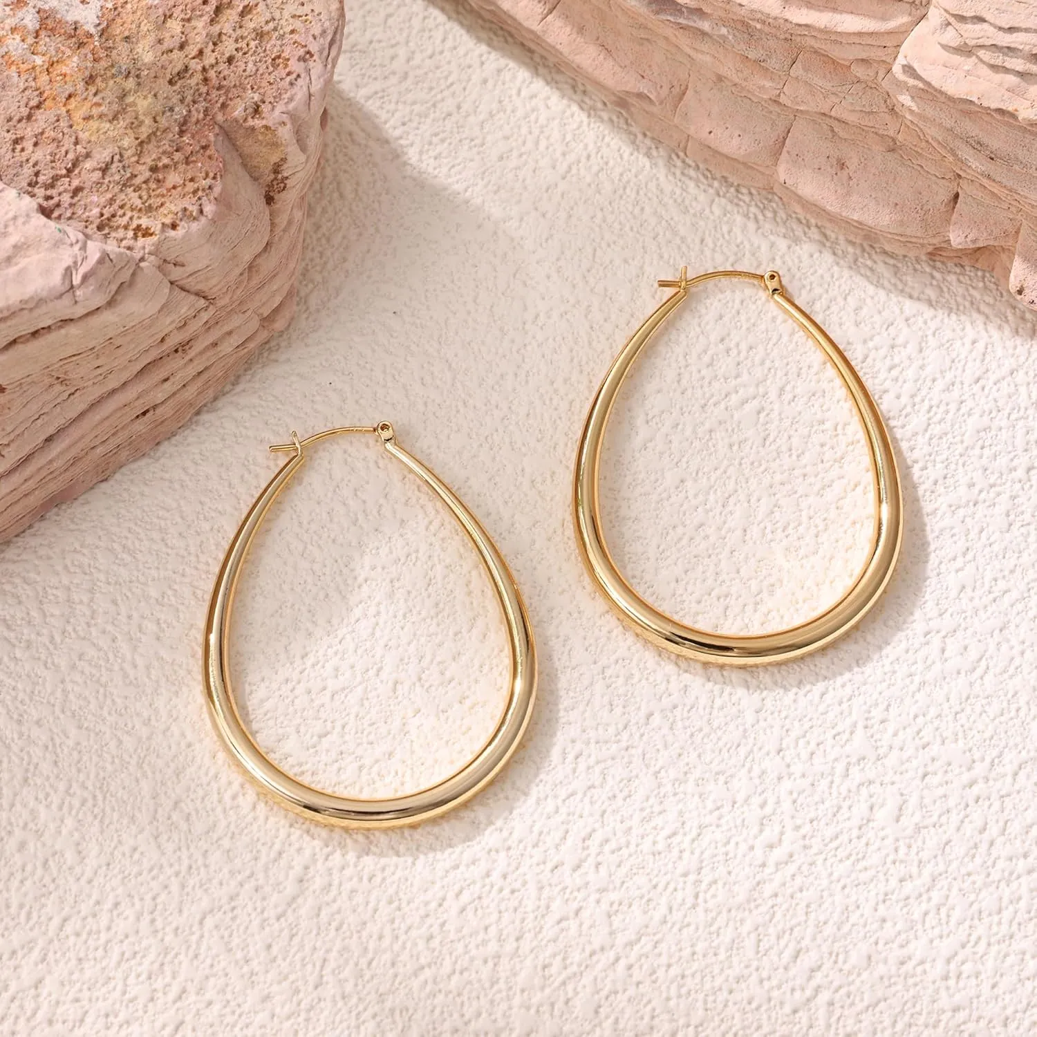 Gacimy Gold Chunky Hoop Earrings for Women, 14K Gold Plated Oval Hoop Earrings with 925 Sterling Silver Post