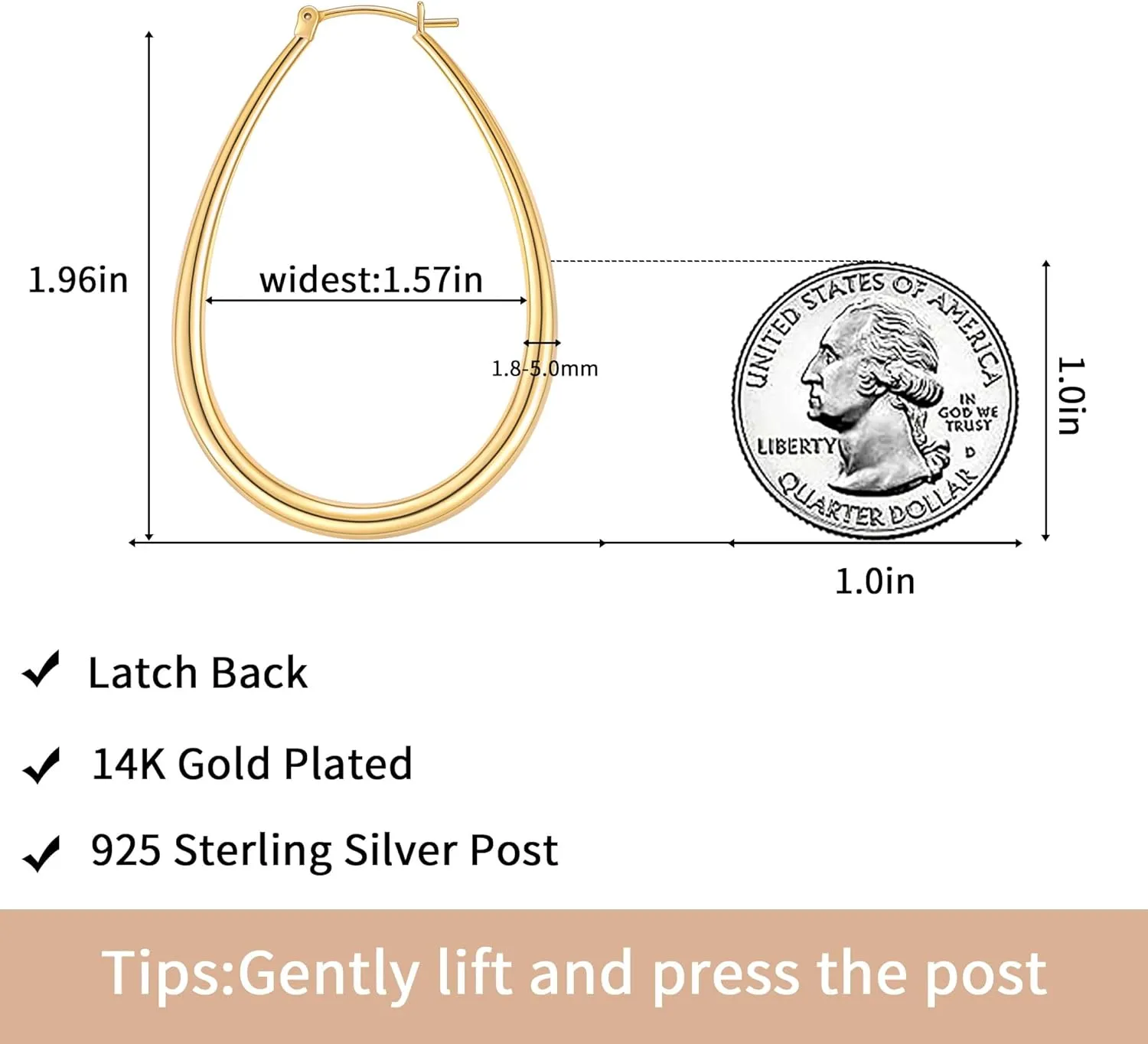 Gacimy Gold Chunky Hoop Earrings for Women, 14K Gold Plated Oval Hoop Earrings with 925 Sterling Silver Post