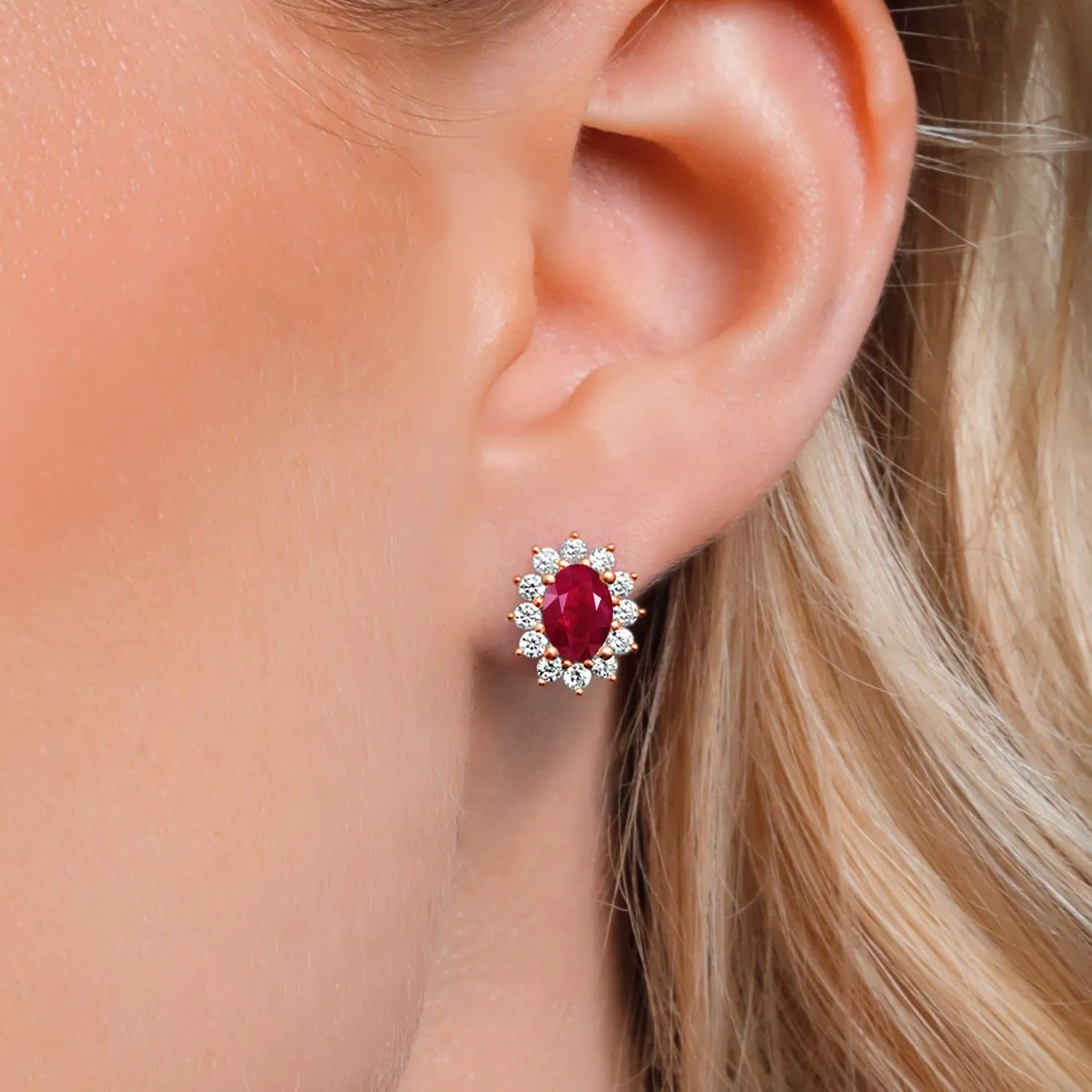 Gem Stone King 18K Rose Gold Plated Silver Oval 7X5MM Gemstone Birthstone Stud Earrings Princess Diana Royal Halo Style For Women Anniversary Wedding Birthday