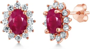 Gem Stone King 18K Rose Gold Plated Silver Oval 7X5MM Gemstone Birthstone Stud Earrings Princess Diana Royal Halo Style For Women Anniversary Wedding Birthday