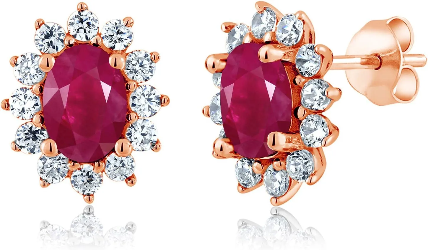 Gem Stone King 18K Rose Gold Plated Silver Oval 7X5MM Gemstone Birthstone Stud Earrings Princess Diana Royal Halo Style For Women Anniversary Wedding Birthday