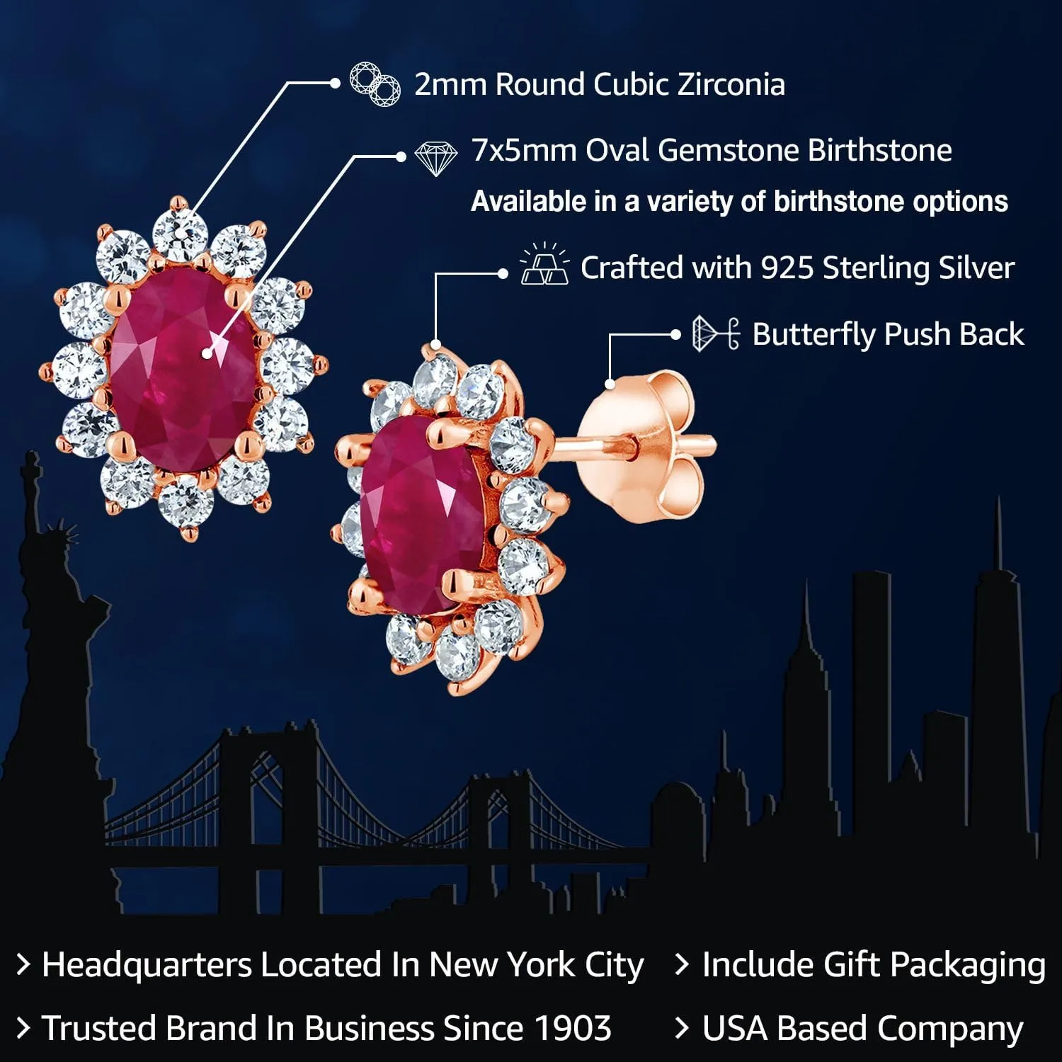 Gem Stone King 18K Rose Gold Plated Silver Oval 7X5MM Gemstone Birthstone Stud Earrings Princess Diana Royal Halo Style For Women Anniversary Wedding Birthday