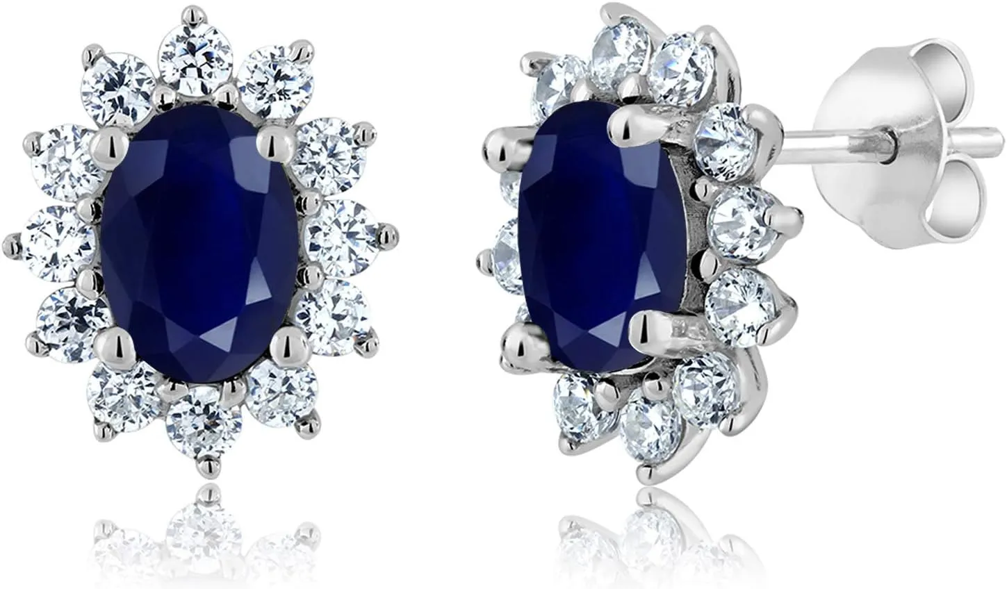 Gem Stone King 7X5MM Oval Gemstone Birthstone Stud Earrings For Women | Princess Diana Royal Halo Style | 925 Sterling Silver | Fine Jewelry Gifts for Anniversary Wedding Her Mom Women Wife