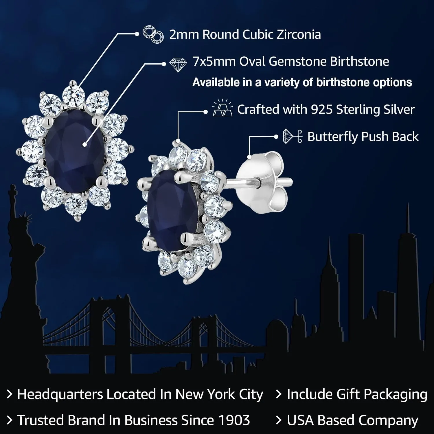 Gem Stone King 7X5MM Oval Gemstone Birthstone Stud Earrings For Women | Princess Diana Royal Halo Style | 925 Sterling Silver | Fine Jewelry Gifts for Anniversary Wedding Her Mom Women Wife