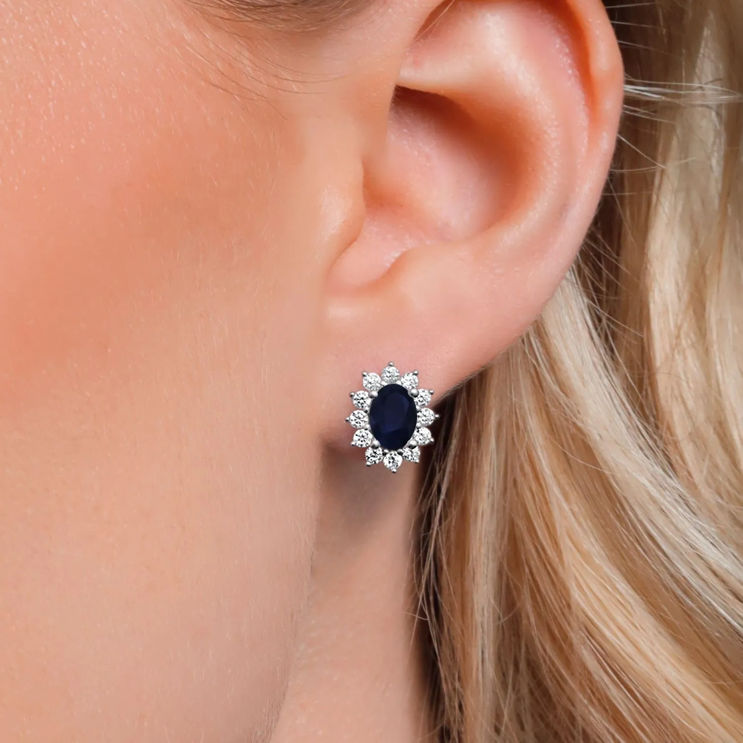 Gem Stone King 7X5MM Oval Gemstone Birthstone Stud Earrings For Women | Princess Diana Royal Halo Style | 925 Sterling Silver | Fine Jewelry Gifts for Anniversary Wedding Her Mom Women Wife