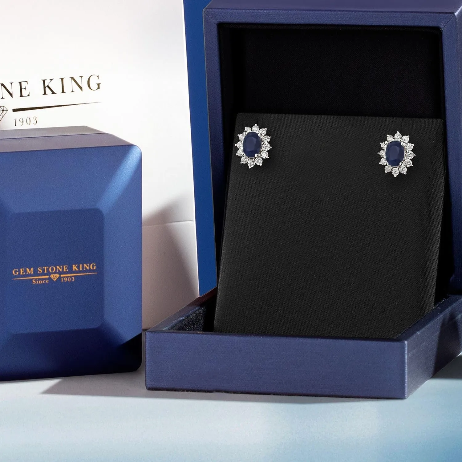 Gem Stone King 7X5MM Oval Gemstone Birthstone Stud Earrings For Women | Princess Diana Royal Halo Style | 925 Sterling Silver | Fine Jewelry Gifts for Anniversary Wedding Her Mom Women Wife