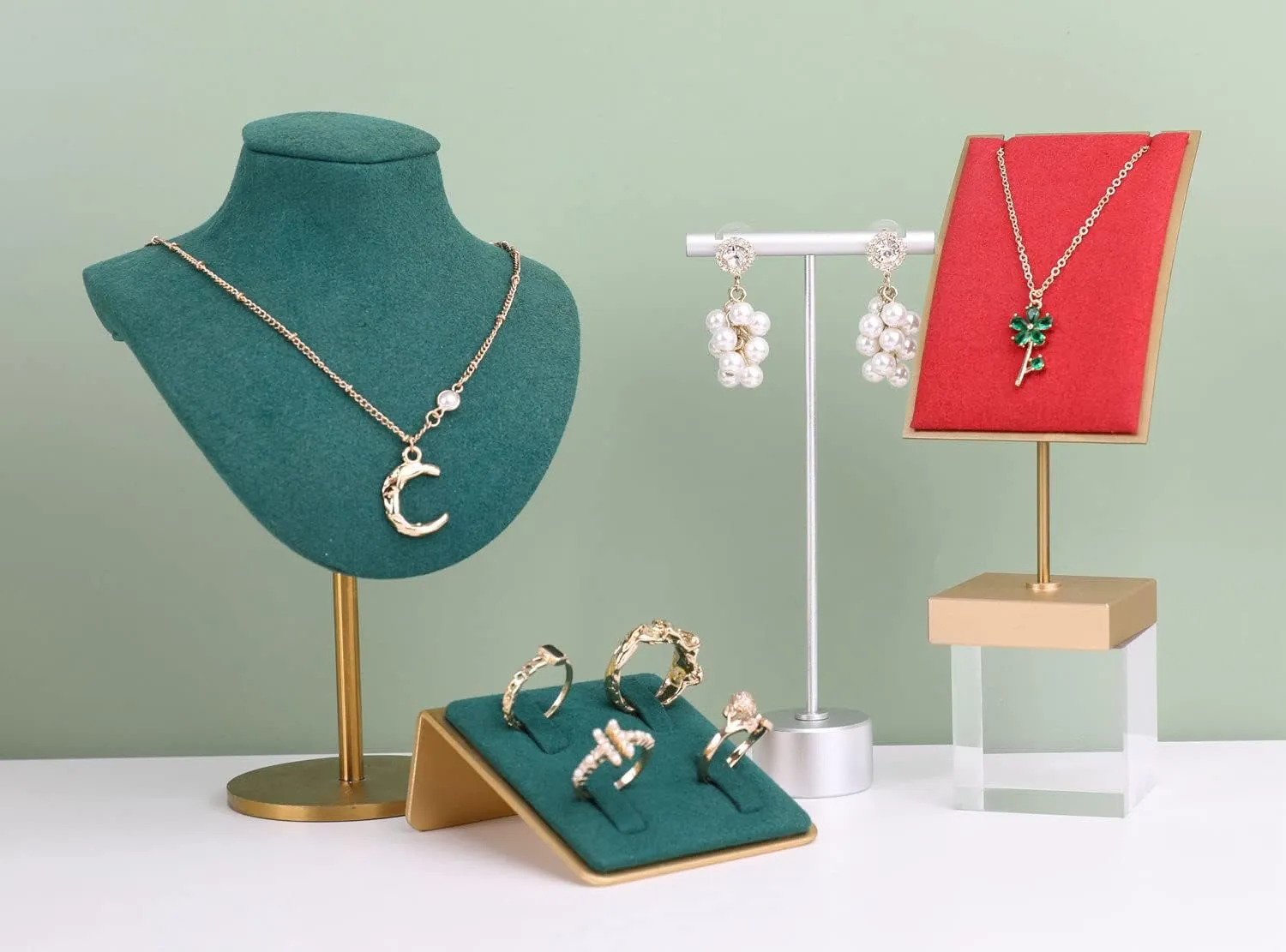 GemeShou Velvet necklace stand display, small necklace holder, jewelry mannequin stands and displaysGreen-Height 7.48 inch