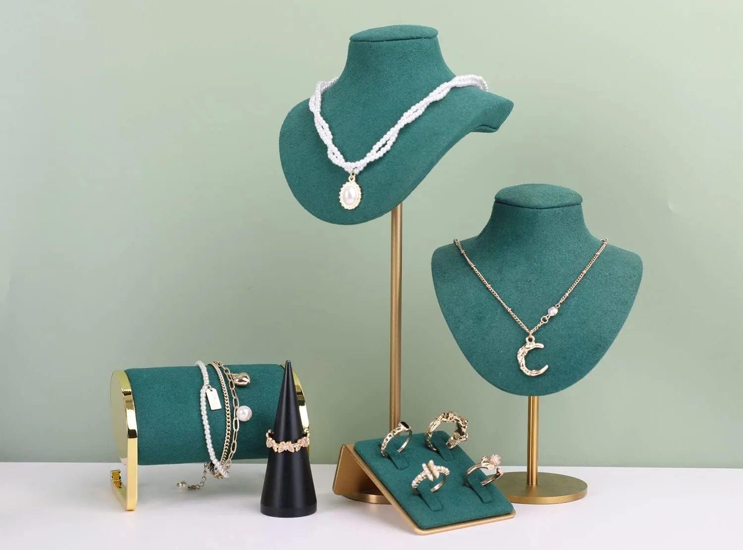 GemeShou Velvet necklace stand display, small necklace holder, jewelry mannequin stands and displaysGreen-Height 7.48 inch