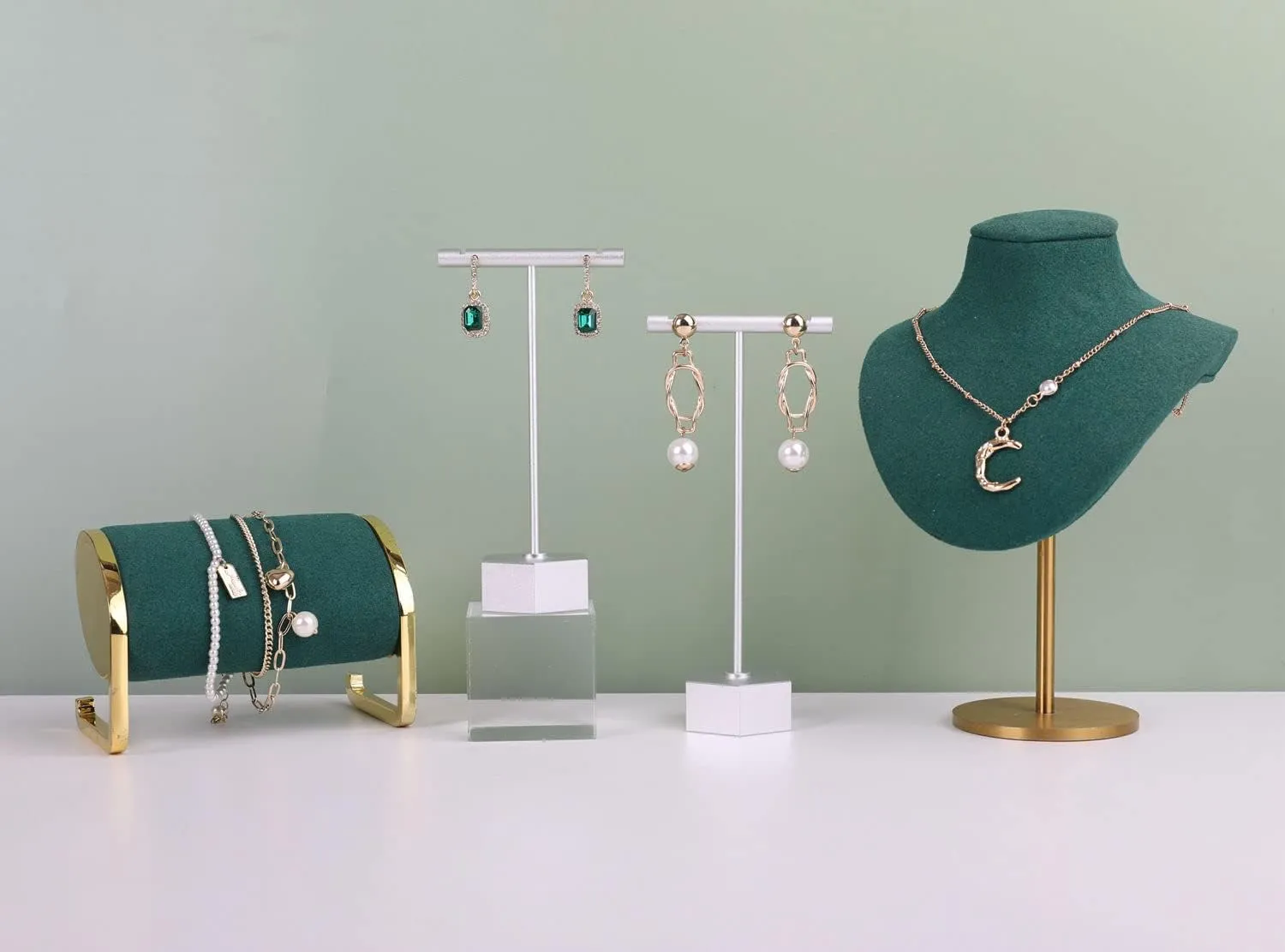 GemeShou Velvet necklace stand display, small necklace holder, jewelry mannequin stands and displaysGreen-Height 7.48 inch
