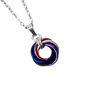Genderfluid pride pendant, chainmail love knot; pink, white, purple, black, and blue