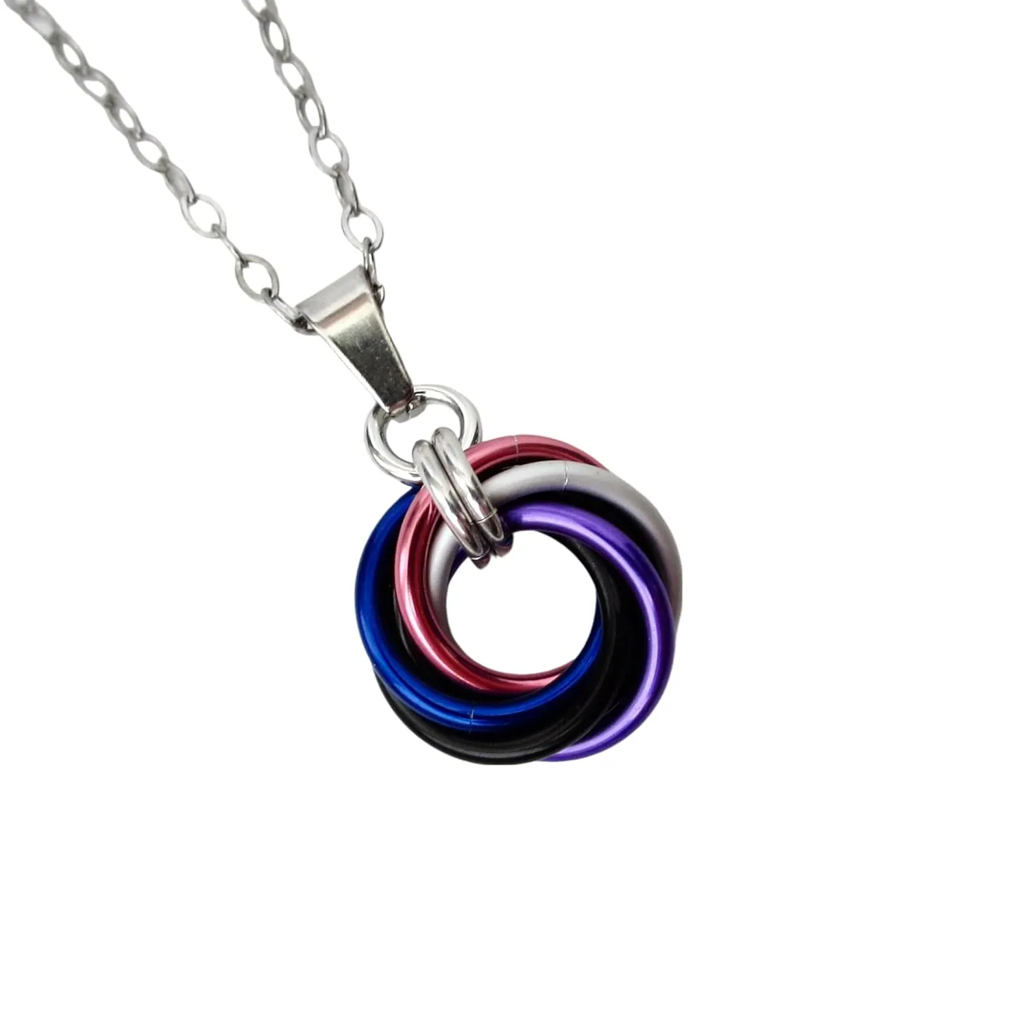 Genderfluid pride pendant, chainmail love knot; pink, white, purple, black, and blue