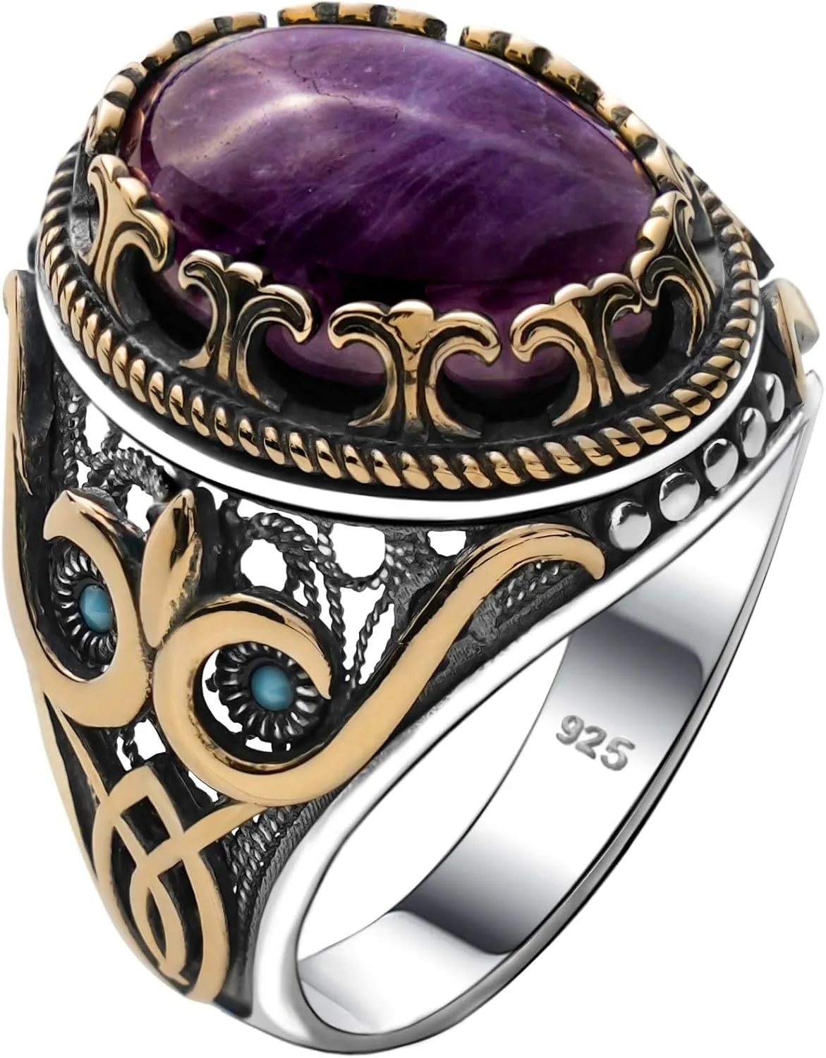 Genuine Solid 925 Sterling Silver Accented with Bronze and Stone, Authentic Vintage Turkish Ottoman Style Ring for Men