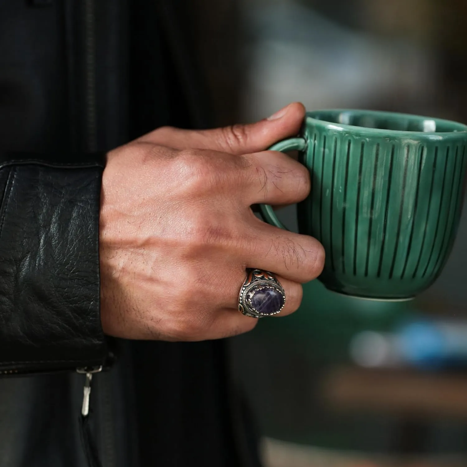 Genuine Solid 925 Sterling Silver Accented with Bronze and Stone, Authentic Vintage Turkish Ottoman Style Ring for Men
