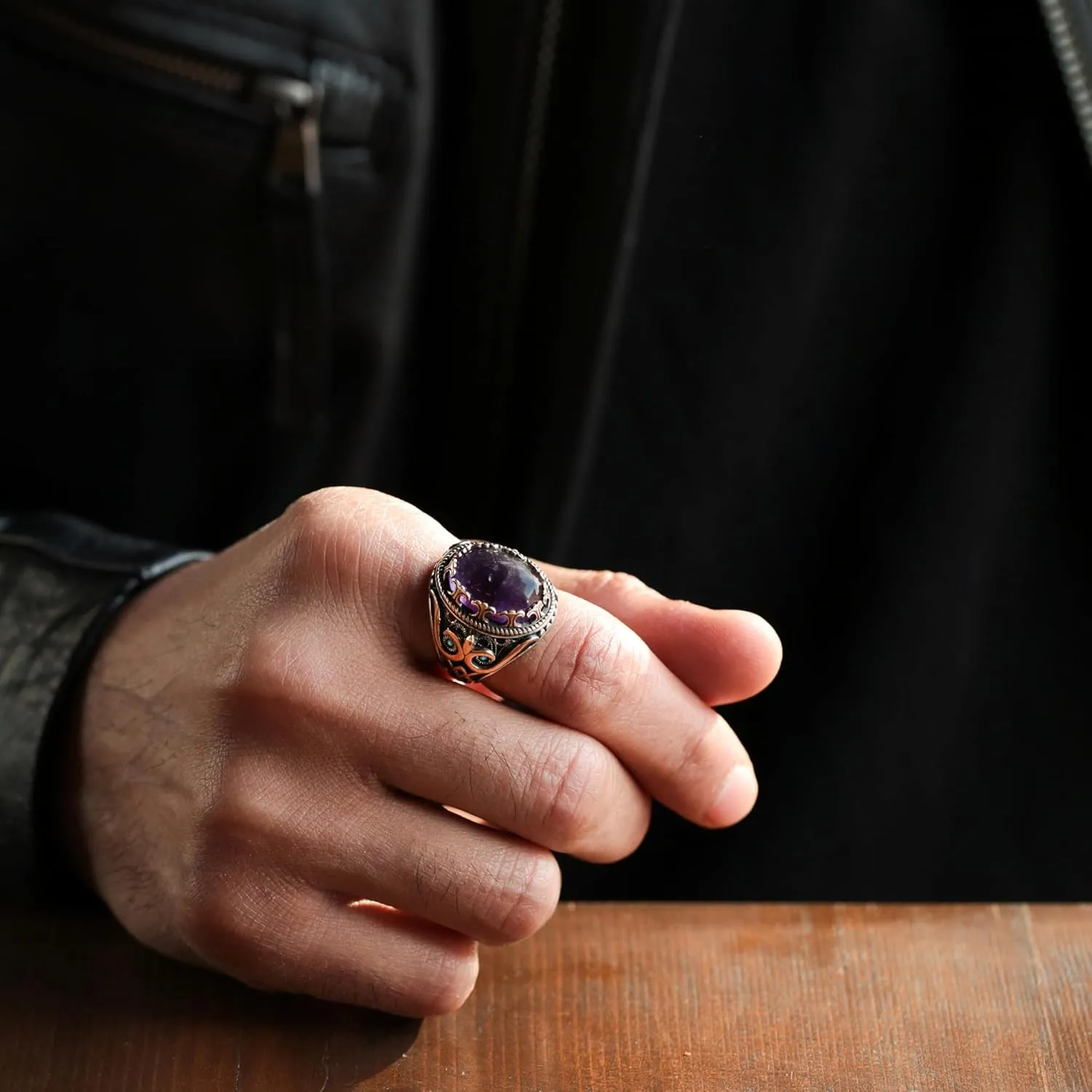 Genuine Solid 925 Sterling Silver Accented with Bronze and Stone, Authentic Vintage Turkish Ottoman Style Ring for Men