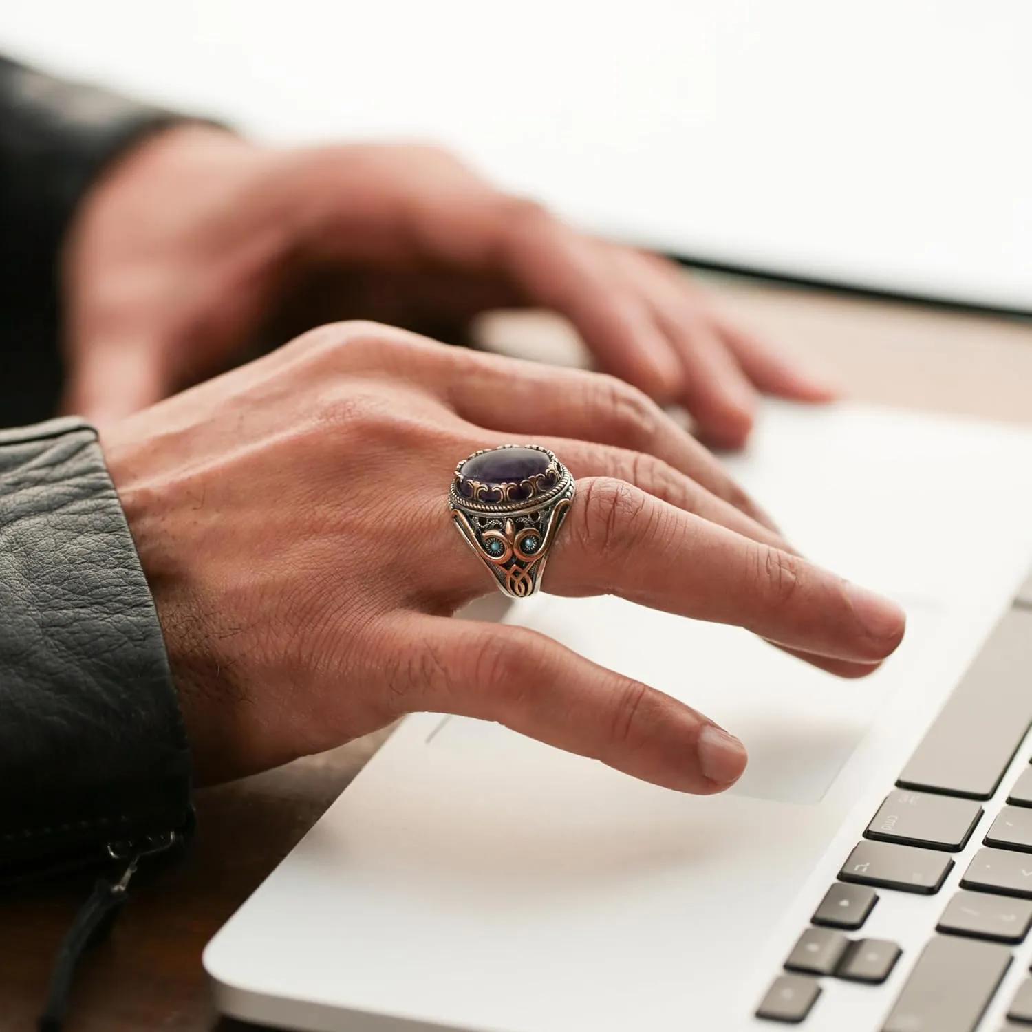 Genuine Solid 925 Sterling Silver Accented with Bronze and Stone, Authentic Vintage Turkish Ottoman Style Ring for Men