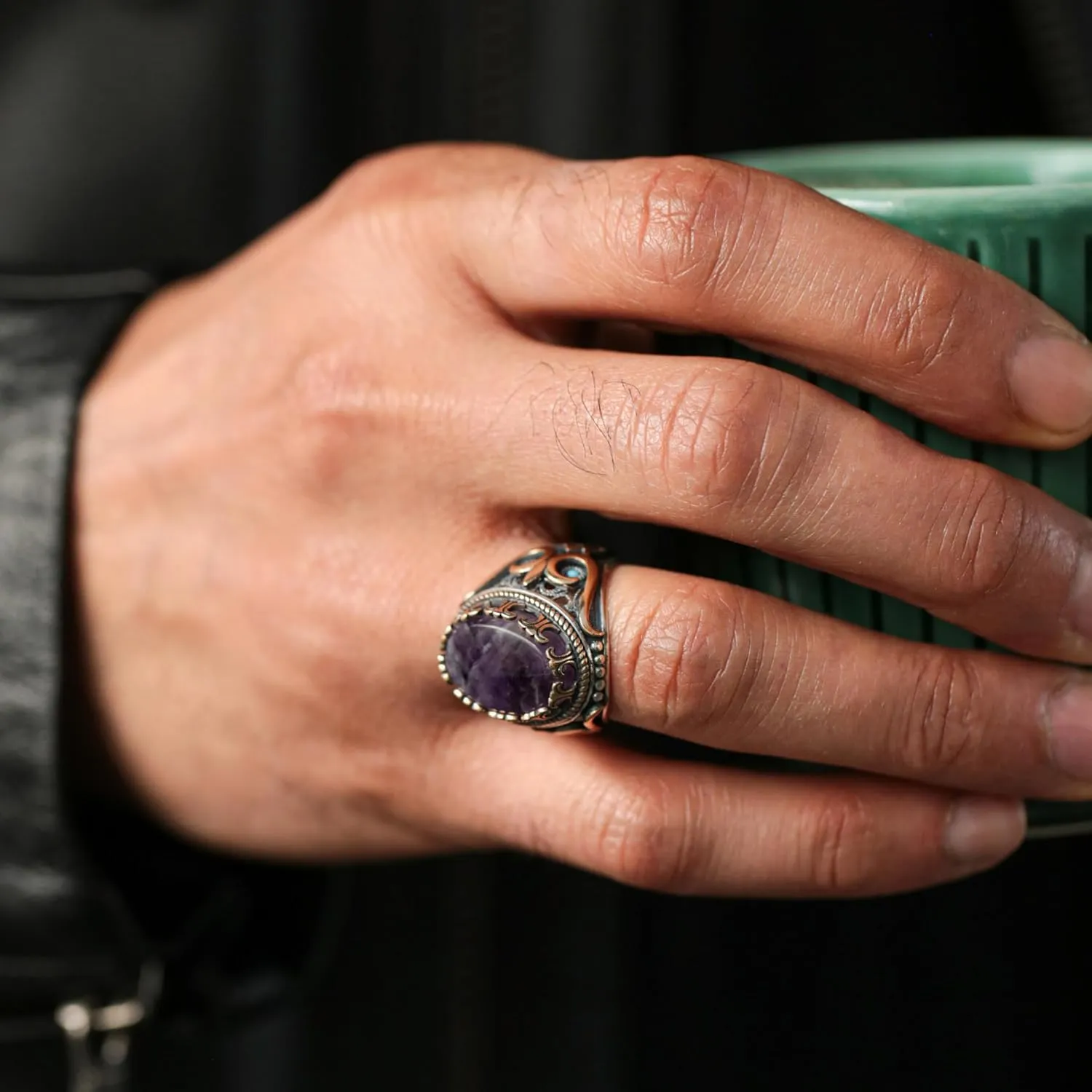 Genuine Solid 925 Sterling Silver Accented with Bronze and Stone, Authentic Vintage Turkish Ottoman Style Ring for Men