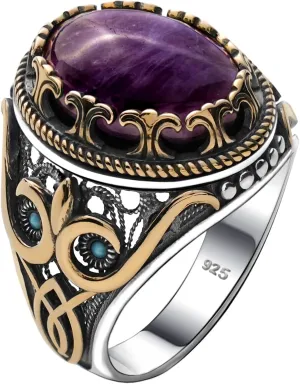 Genuine Solid 925 Sterling Silver Accented with Bronze and Stone, Authentic Vintage Turkish Ottoman Style Ring for Men