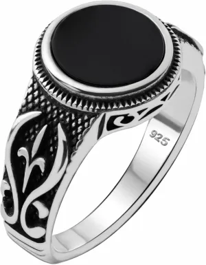 Genuine Solid 925 Sterling Silver Black Onyx Stone, Anatolian Motif Ring for Men
