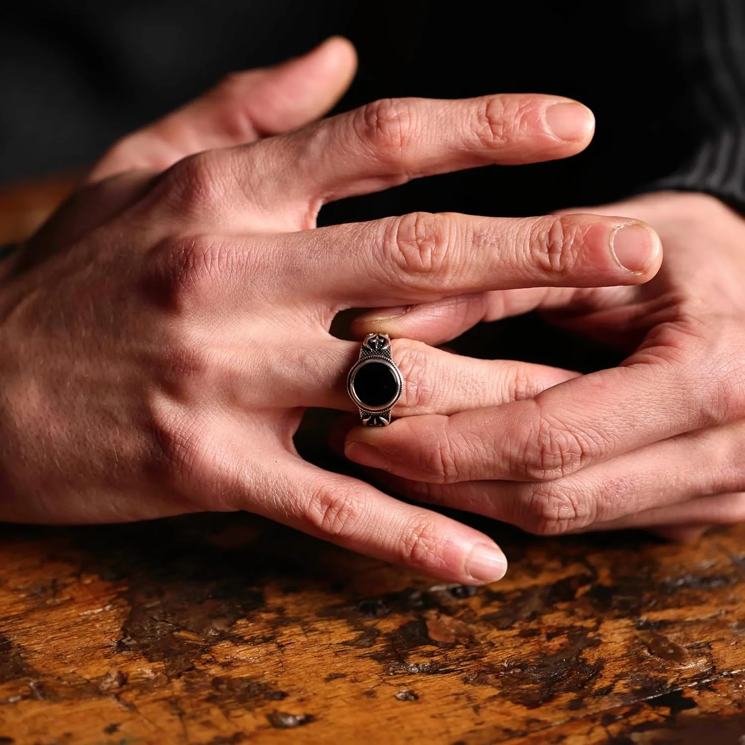 Genuine Solid 925 Sterling Silver Black Onyx Stone, Anatolian Motif Ring for Men