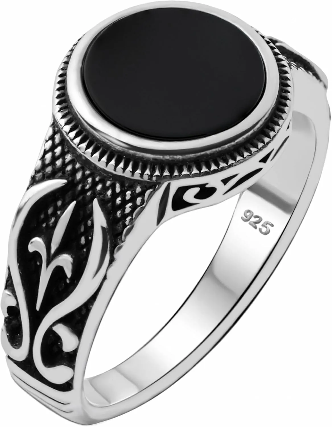 Genuine Solid 925 Sterling Silver Black Onyx Stone, Anatolian Motif Ring for Men