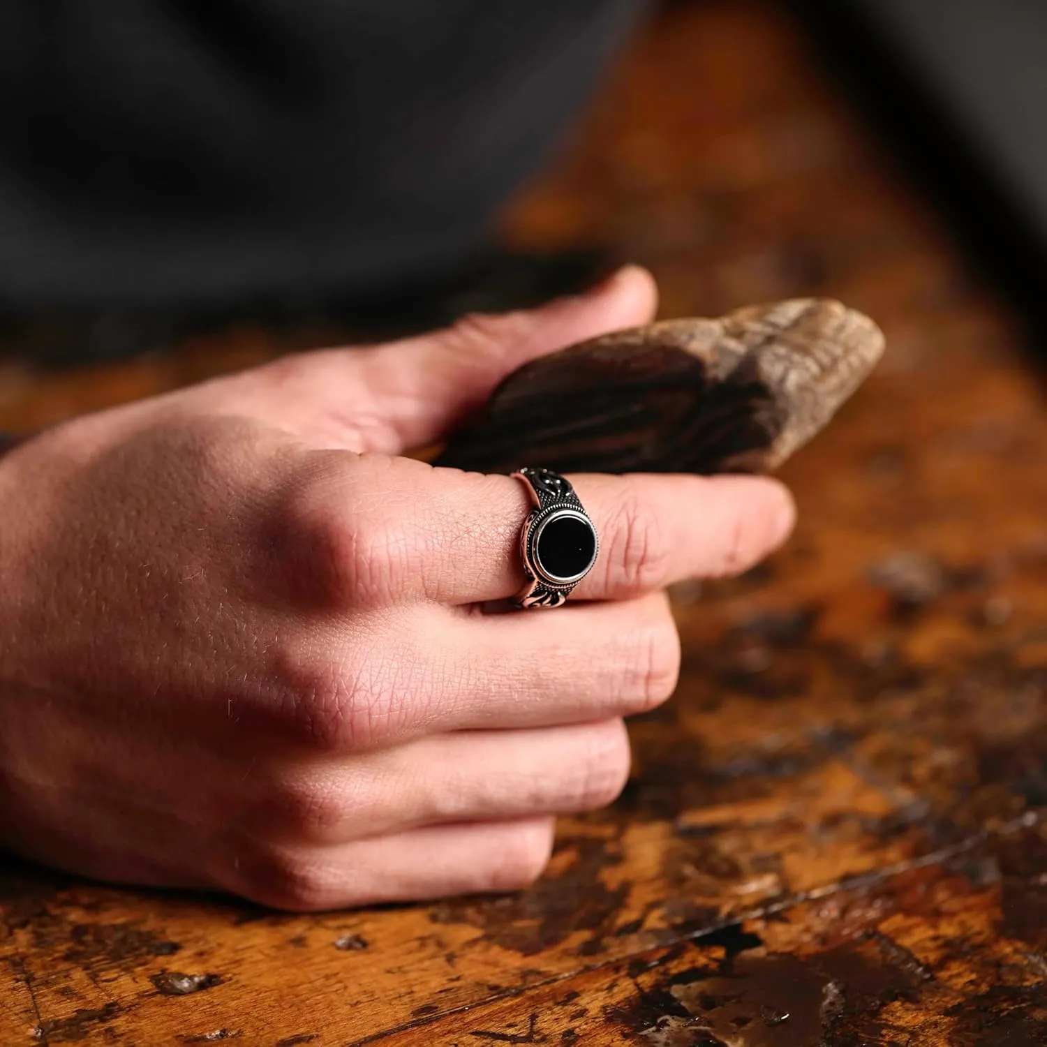 Genuine Solid 925 Sterling Silver Black Onyx Stone, Anatolian Motif Ring for Men