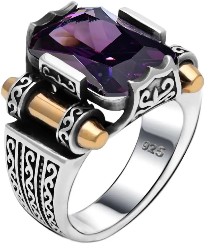 Genuine Solid 925 Sterling Silver Ring for Men, Accented with Bronze, Faceted Simulated Red Ruby Stone, Vintage Turkish Ottoman Style