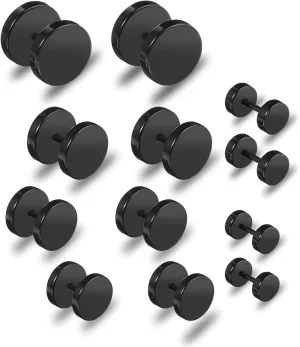 Giantree 6 Pairs of Black Stud Earrings for Men and Women, Faux Gauges Earrings, Hypoallergenic Earrings, 4-10mm Ear Tunnel Stainless Steel Dot Earrings for men and Women (Black)