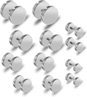 Giantree 6 Pairs of Black Stud Earrings for Men and Women, Faux Gauges Earrings, Hypoallergenic Earrings, 4-10mm Ear Tunnel Stainless Steel Dot Earrings for men and Women (Silver)