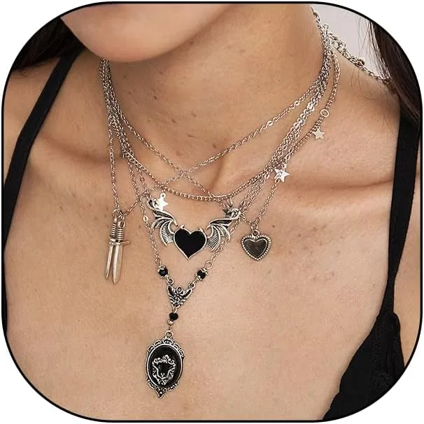 GIGB PBDK Black Goth Heart Layered Necklace, Fashion Punk Sword Wing Star Chain Choker Necklace, Halloween Holiday Party Y2k Retro Jewelry Accessories for Women