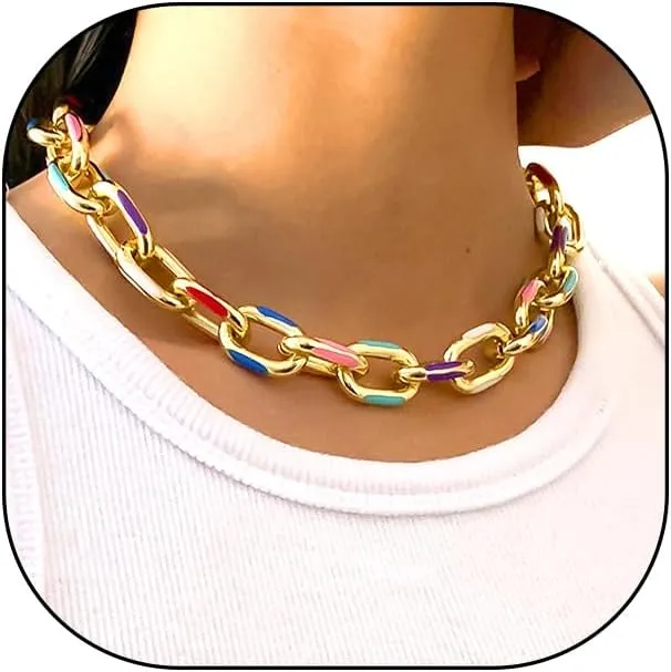 GIGB PBDK Chunky Colorful Enamel Link Necklace for Women Men,Minimalist Gold Geometry Paperclip Chain Choker Necklaces,Trendy Preppy Statement Jewelry Gifts