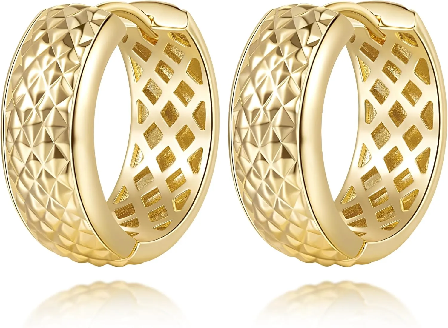GIORGIA GIBBS Gold Earrings for Women 14K Gold Hoop Earrings for Women Rhombic Print Wide-Face Statement Chunky Half-Circle Design Hoop Earring for Womens 17 MM/20 MM