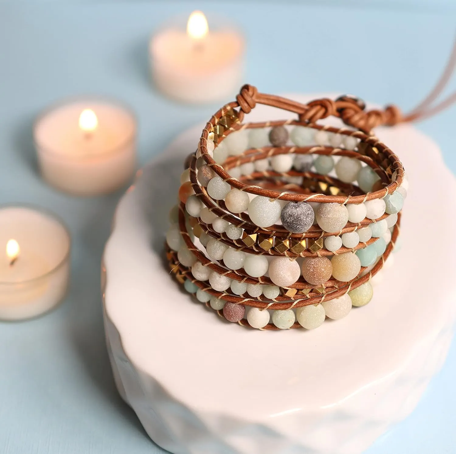 globi Natural Stone Wrap Bracelet For Women/Men | Adjustable Multilayer Genuine Leather Boho Handmade Beaded Bracelet
