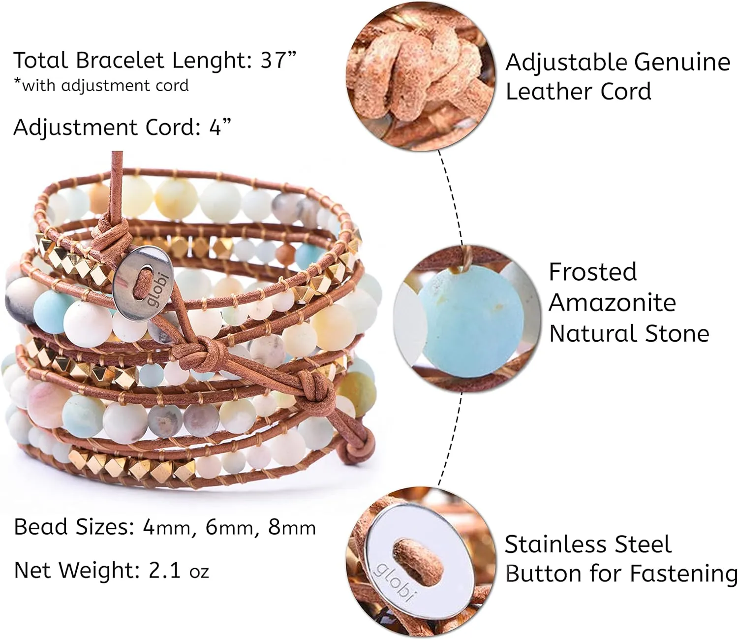 globi Natural Stone Wrap Bracelet For Women/Men | Adjustable Multilayer Genuine Leather Boho Handmade Beaded Bracelet