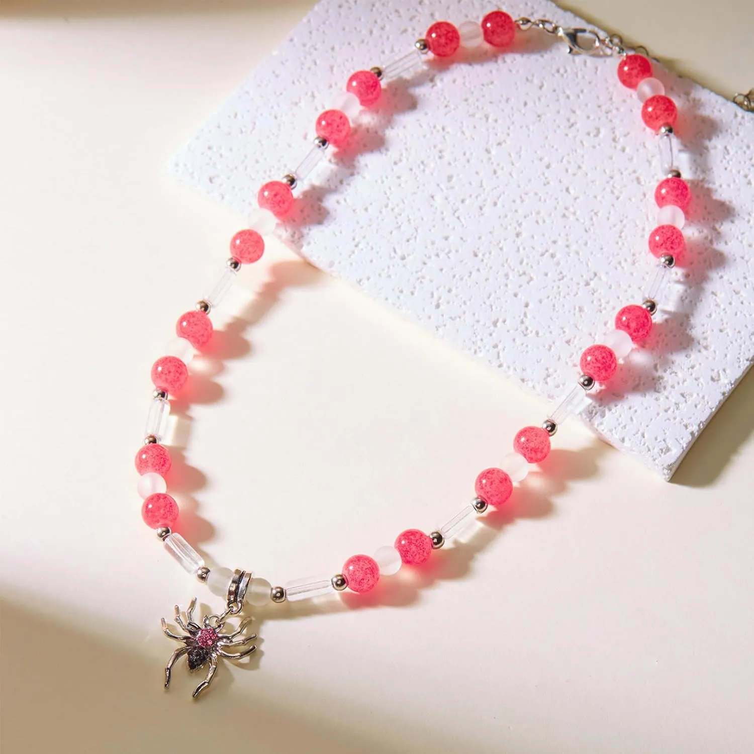 Glow in The Dark Beads Jewelry Set, Spider Charm Bracelet & Spider Pendant Necklace