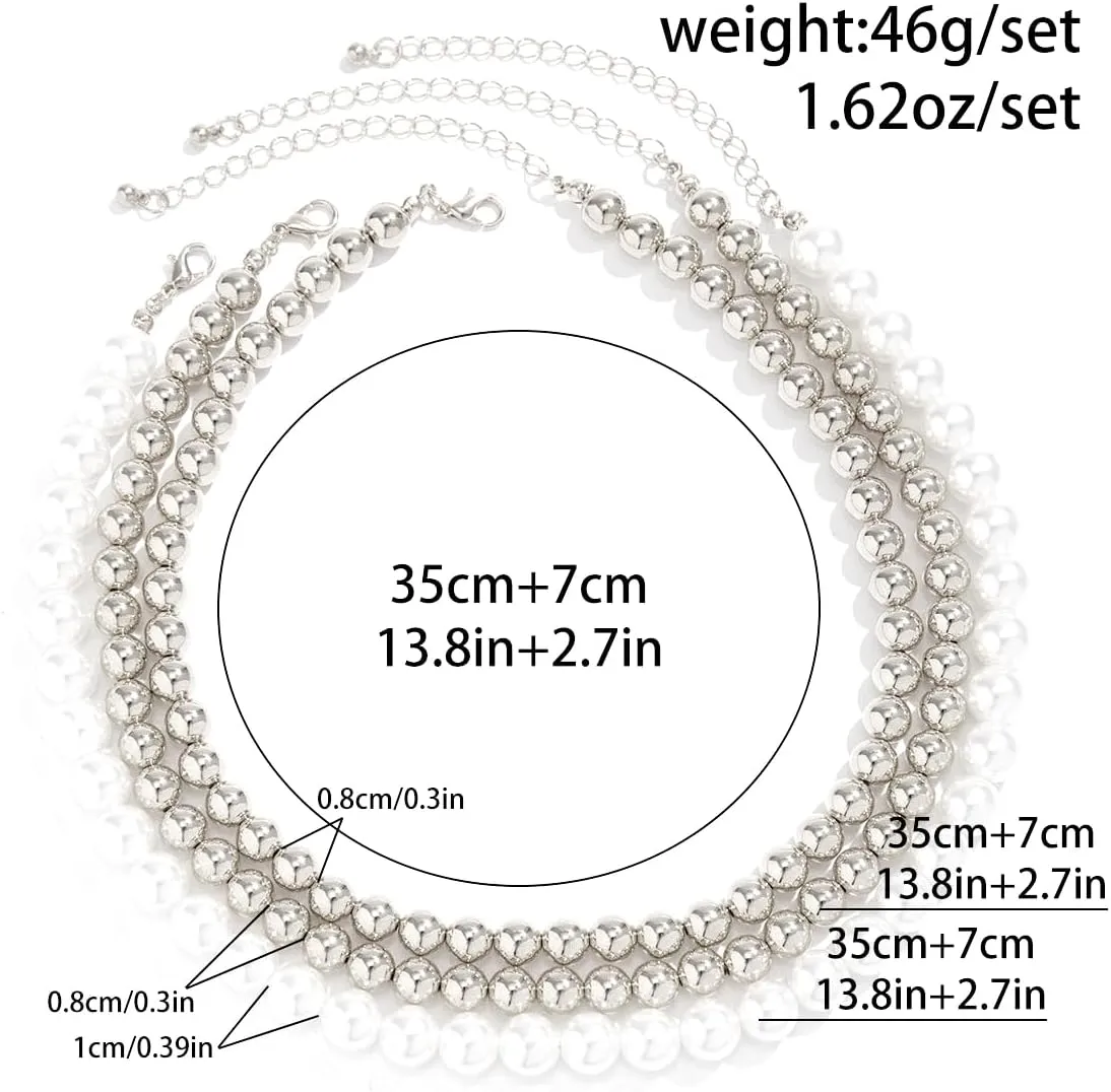 Gold Beaded Choker Necklace Set for Women,Stacking Round Pearl Collar Necklace,Trendy Simple Silver Layered Chunky Bead Ball Chain Necklace for Prom