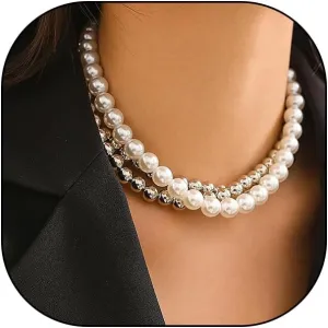 Gold Beaded Choker Necklace Set for Women,Stacking Round Pearl Collar Necklace,Trendy Simple Silver Layered Chunky Bead Ball Chain Necklace for Prom