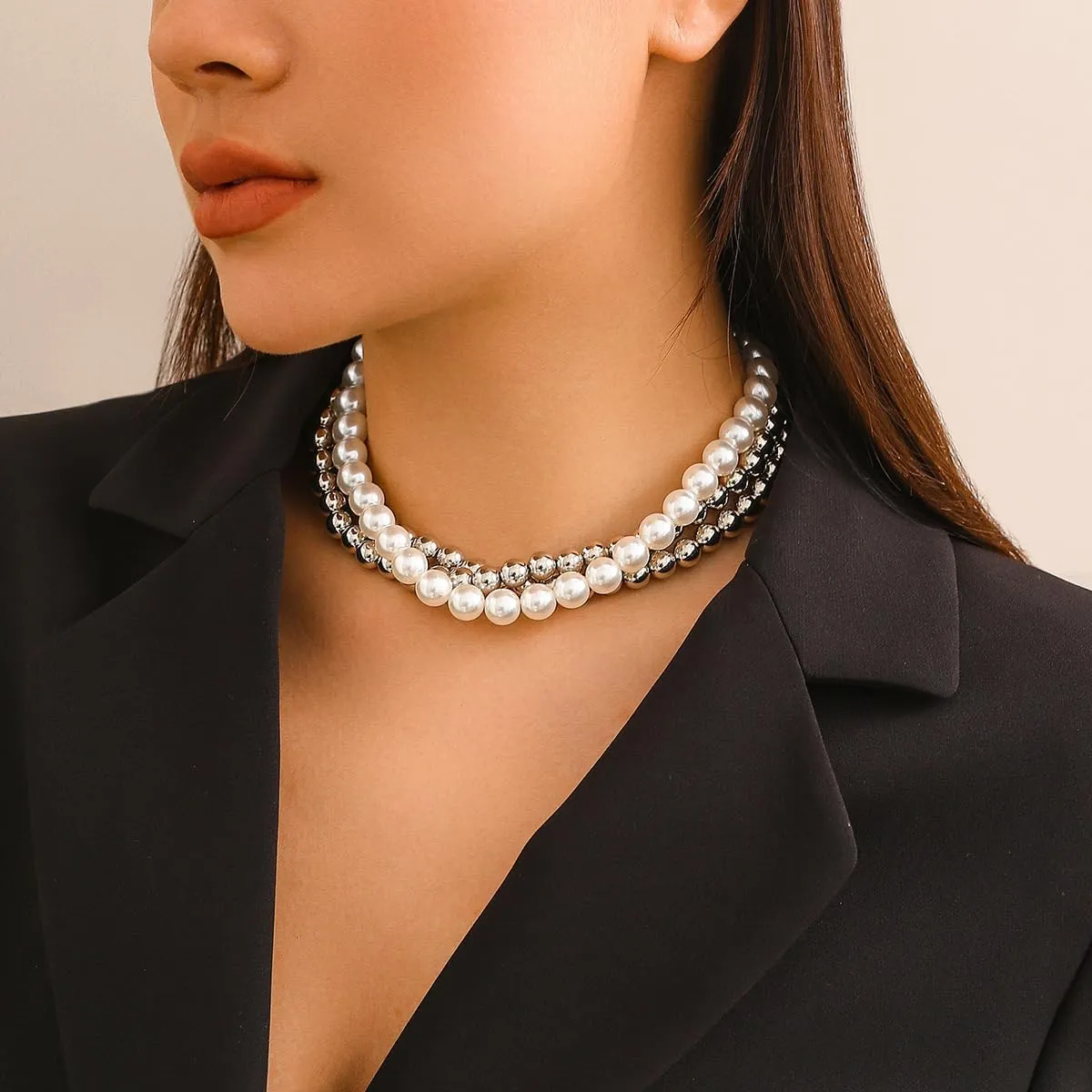 Gold Beaded Choker Necklace Set for Women,Stacking Round Pearl Collar Necklace,Trendy Simple Silver Layered Chunky Bead Ball Chain Necklace for Prom