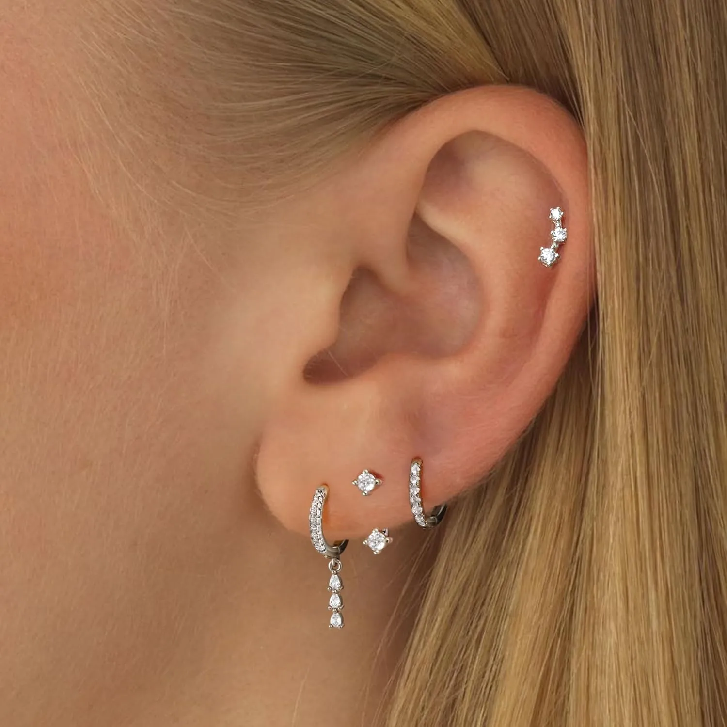 Gold Cartilage Earrings for Women, Silver Dangle Cubic Zirconia Huggie Hoop Earring Stacks Set for Multiple Piercing, Hypoallergenic Surgical Steel Small Dainty Flower Helix Jacket Stud Earrings
