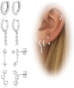 Gold Cartilage Earrings for Women, Silver Dangle Cubic Zirconia Huggie Hoop Earring Stacks Set for Multiple Piercing, Hypoallergenic Surgical Steel Small Dainty Flower Helix Jacket Stud Earrings