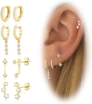 Gold Cartilage Earrings for Women, Silver Dangle Cubic Zirconia Huggie Hoop Earring Stacks Set for Multiple Piercing, Hypoallergenic Surgical Steel Small Dainty Flower Helix Jacket Stud Earrings