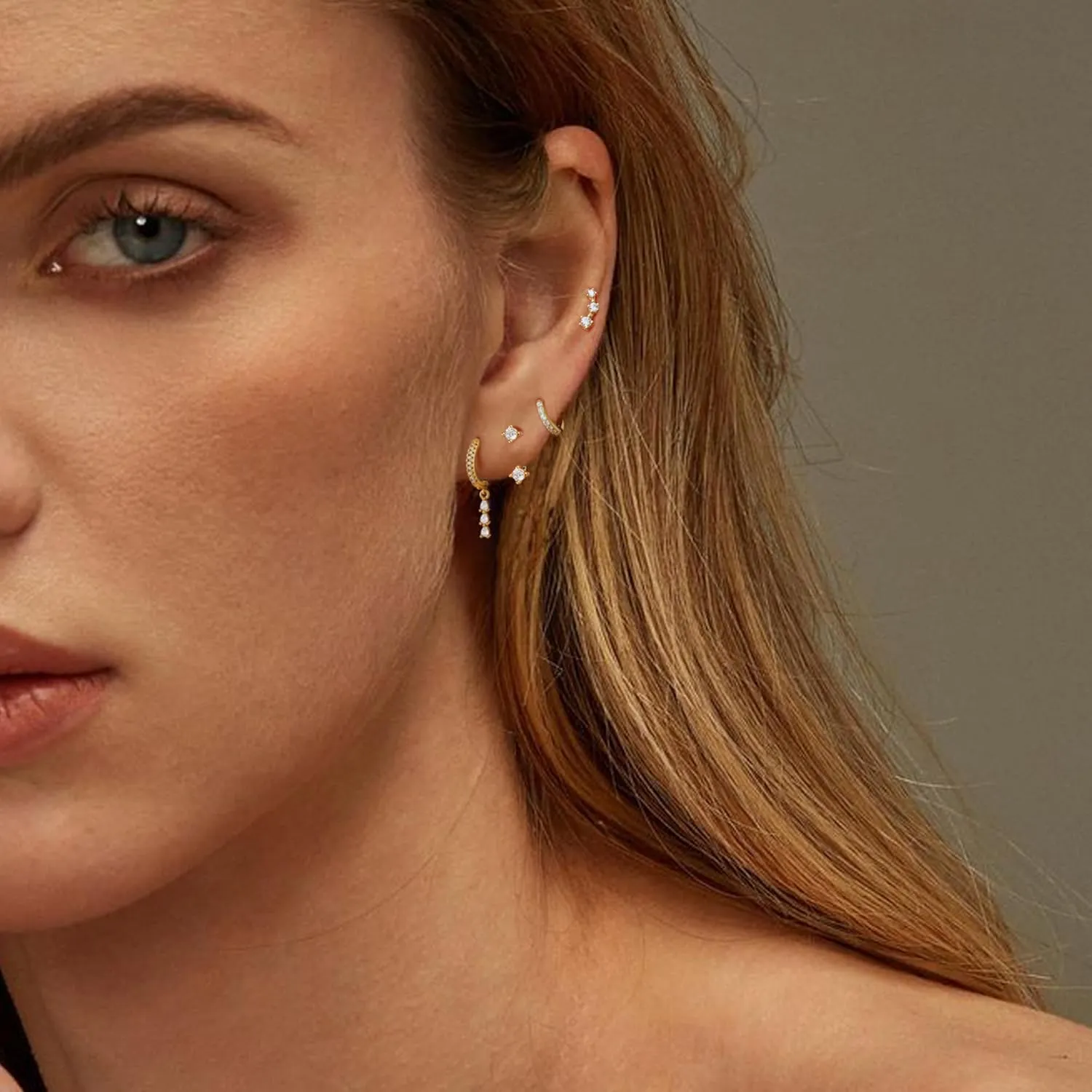 Gold Cartilage Earrings for Women, Silver Dangle Cubic Zirconia Huggie Hoop Earring Stacks Set for Multiple Piercing, Hypoallergenic Surgical Steel Small Dainty Flower Helix Jacket Stud Earrings